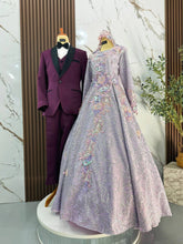 PETUNIA Baju Sanding couple wide shot purple silver ballgown and tuxedo for Majlis Sanding rental