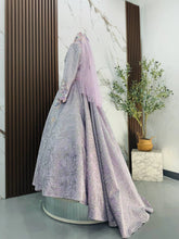 Bride back view PETUNIA Baju Sanding purple silver gown with lace accents and flow