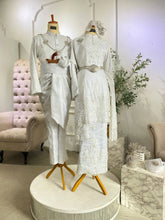 PURNAMA - Baju Sanding White & Silver Songket Kurung with Selempang Sulam-Sewa Baju Sanding Kurung Songket Putih-Baju Pengantin Kurung Moden Putih Perak