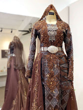 PUTERI DEWI-Dark Brown Songket-Two Piece Wedding Dress with Skirt, Plain Pants & Detachable Trail-baju sanding tradisional-baju sanding moden-baju sanding muslimah-baju pengantin tradisional-baju pengantin moden-baju pengantin muslimah-sewa baju sanding-sewa baju pengantin-butik baju sanding-butik baju pengantin