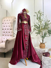 Baju Pengantin Perempuan Puteri Manira with maroon songket, detachable trail and silver woven motifs-Two-piece Baju Sanding with raised 3D songket fabric and Syariah-compliant design