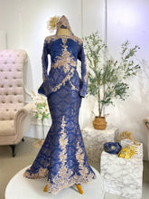 Baju Pengantin Songket Eksklusif-Songket Peplum Kahwin Moden-Dress Kahwin Navy Blue Gold-Busana Pengantin Tradisional Songket-Gaun Songket Peplum Elegan