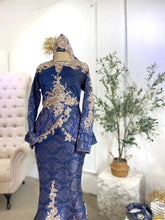 Baju Pengantin Songket Eksklusif-Songket Peplum Kahwin Moden-Dress Kahwin Navy Blue Gold-Busana Pengantin Tradisional Songket-Gaun Songket Peplum Elegan