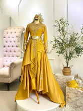 Puteri Kartika two-piece Baju Sanding with songket pants and detachable trail in mustard gold-Baju Sanding