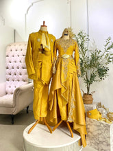 Puteri Kartika Baju Pengantin songket set in mustard gold for bride and groom at wedding reception-Matching Baju Sanding couple in 3D songket mustard gold with royal Malay styling