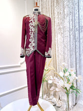 Maroon Prince Suit-Baju Sanding Lelaki-Wedding Reception Suit-Prince Coat Design-Light Brown Lace Wedding Outfit-Maroon Suit Rental-Groom Suit Rental-Traditional Wedding Suit-Maroon and Brown Wedding Attire-Malay Wedding Outfit