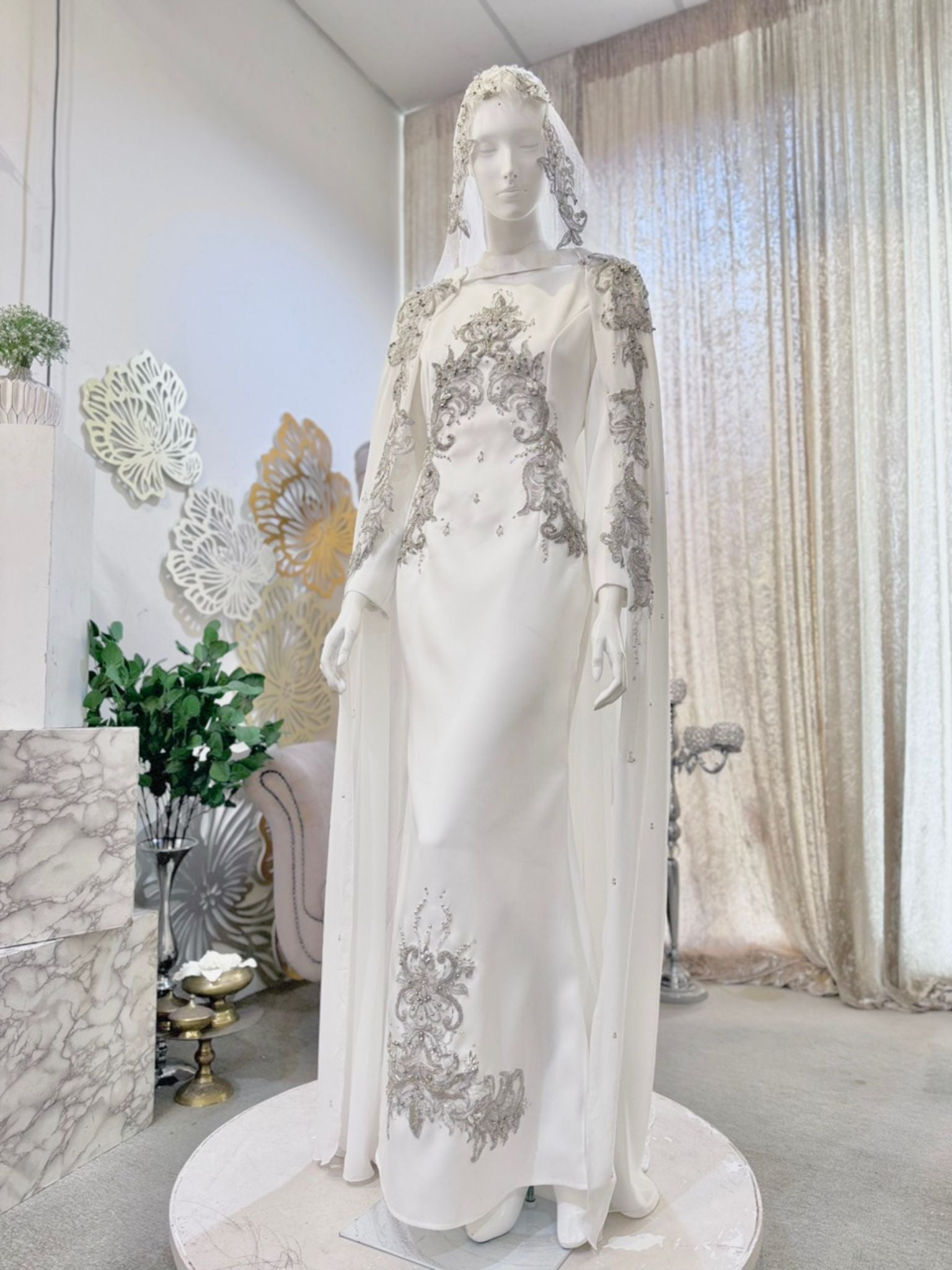 RAUDHAH - Baju Nikah Off White Double Face Dress with Detachable Cape-sewa baju nikah-tempah baju nikah