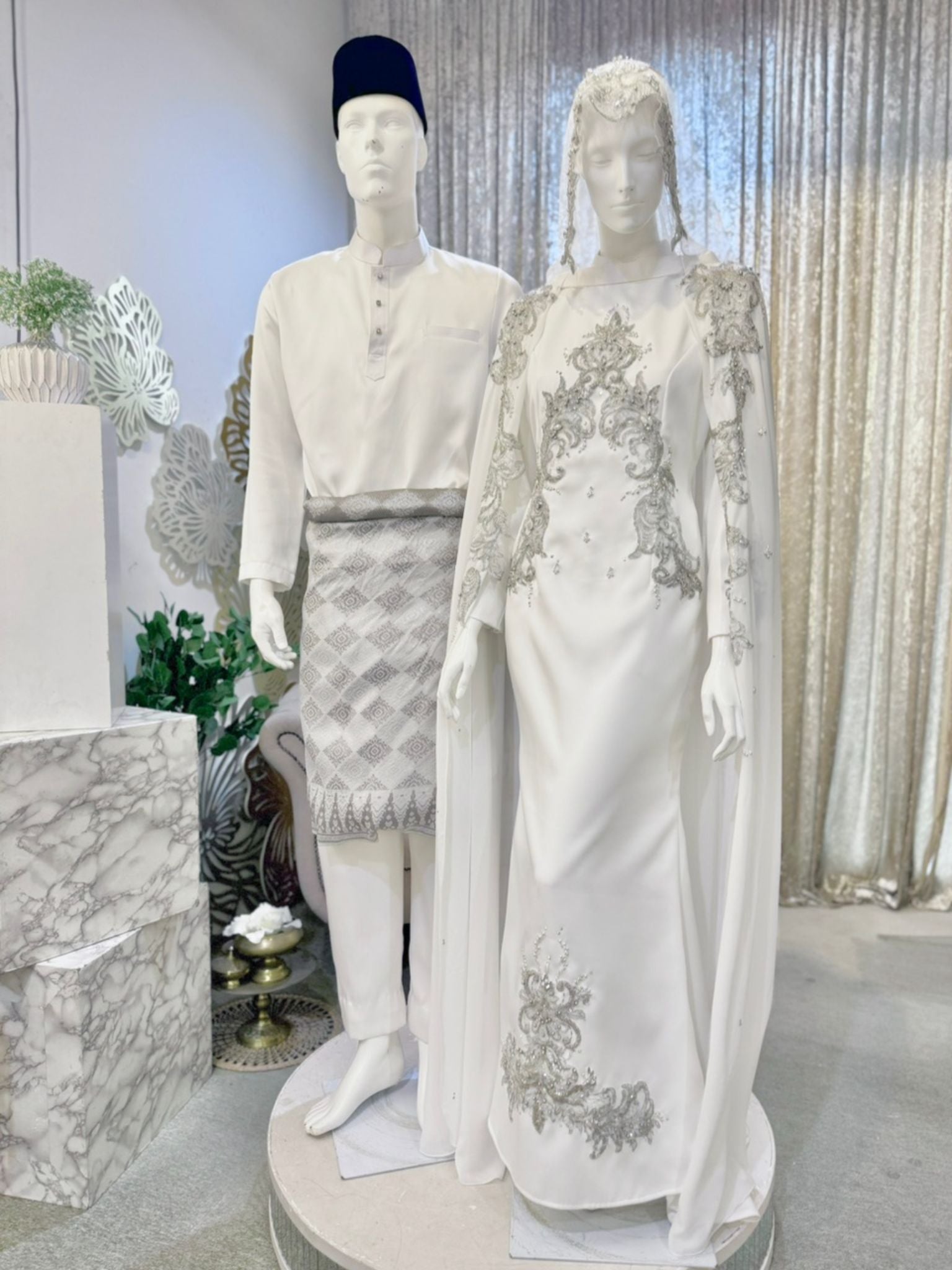 RAUDHAH - Baju Nikah Off White Double Face Dress with Detachable Cape-sewa baju nikah-tempah baju nikah