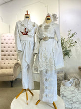 Sewa Baju Sanding Songket Putih Perak-Baju Kurung Pengantin Songket dengan Selempang-Busana Sanding Tradisional Moden Melayu