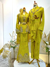 Kuning Diraja wedding kebaya-Songket bridal dress rental-Modern Malay wedding attire-Baju Sanding with sulam details-Embroidered Malay kebaya