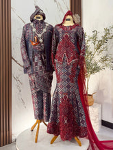 RUBY baju sanding maroon navy blue songket 3D dress with trail and groom kot raihan for Malay wedding