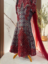 Maroon navy blue and light pink songket 3D fabric texture detail of RUBY dress trail PP Signature