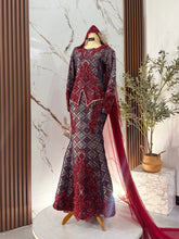 RUBY sewa baju sanding maroon navy blue songket 3D dengan aksesori sanggul lintang dan tanjak pengantin
