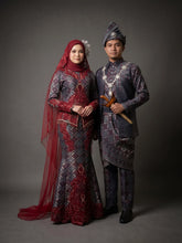 Real bride and groom wearing RUBY maroon songket 3D dress with trail for Malay wedding reception
