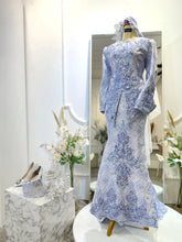 Baju sanding icy blue-Baju pengantin perempuan songket biru muda-Sewa baju sanding L&P lengkap-Songket 3D icy blue untuk pengantin-Baju pengantin perempuan moden 2pcs