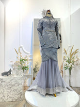 SALLY tulip-style Baju Pengantin Perempuan in dark grey 2D songket with flattering silhouette-Two-piece grey songket dress with silver threading for elegant modern Malay wedding
