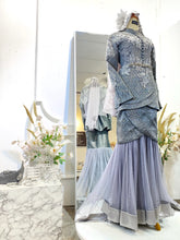 SALLY tulip-style Baju Pengantin Perempuan in dark grey 2D songket with flattering silhouette-Two-piece grey songket dress with silver threading for elegant modern Malay wedding