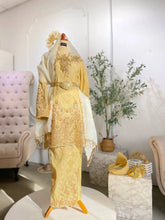 Baju Sanding Songket-Modern Kurung for Bride-Rent Songket Wedding Attire-Light Yellow Wedding Dress-Songket 2D Modern Kurung-Traditional and Modern Baju Sanding-Exclusive Malaysian Wedding Dress-Modern Kurung with Selempang Sulam-Kot Raihan 3-Piece for Groom-Complete Your Royal Wedding Look