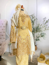 Baju Sanding Songket-Modern Kurung for Bride-Rent Songket Wedding Attire-Light Yellow Wedding Dress-Songket 2D Modern Kurung-Traditional and Modern Baju Sanding-Exclusive Malaysian Wedding Dress-Modern Kurung with Selempang Sulam-Kot Raihan 3-Piece for Groom-Complete Your Royal Wedding Look