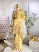 Baju Sanding Songket-Rent Baju Pengantin Tradisional-Kurung Moden Wedding Dress-Light Yellow Songket Attire-Selempang Sulam for Bride-Exclusive Malay Wedding Outfit-Groom's Kot Raihan 3-Piece-Classic Songket Wedding Set-Traditional and Modern Baju Sanding-Complete Wedding Attire Rental