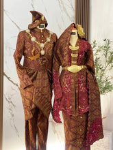 Maroon gold baju sanding rental set for Malay wedding reception bride and groom