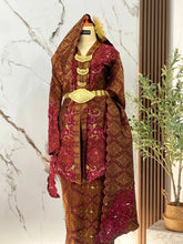 Bride baju sanding kebaya maroon gold songket 2D front view Malay wedding