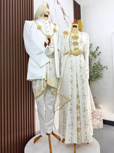 Pakej sewa baju sanding lengkap off-white gold songket tabur untuk pasangan pengantin sedondon di majlis resepsi atau majlis bertandang