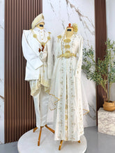 Pakej sewa baju sanding lengkap off-white gold songket tabur untuk pasangan pengantin sedondon di majlis resepsi atau majlis bertandang