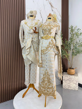 SUKMA II set baju sanding light yellow gold songket 3D kurung moden dengan selempang dan kot raihan untuk majlis perkahwinan tradisional melayu