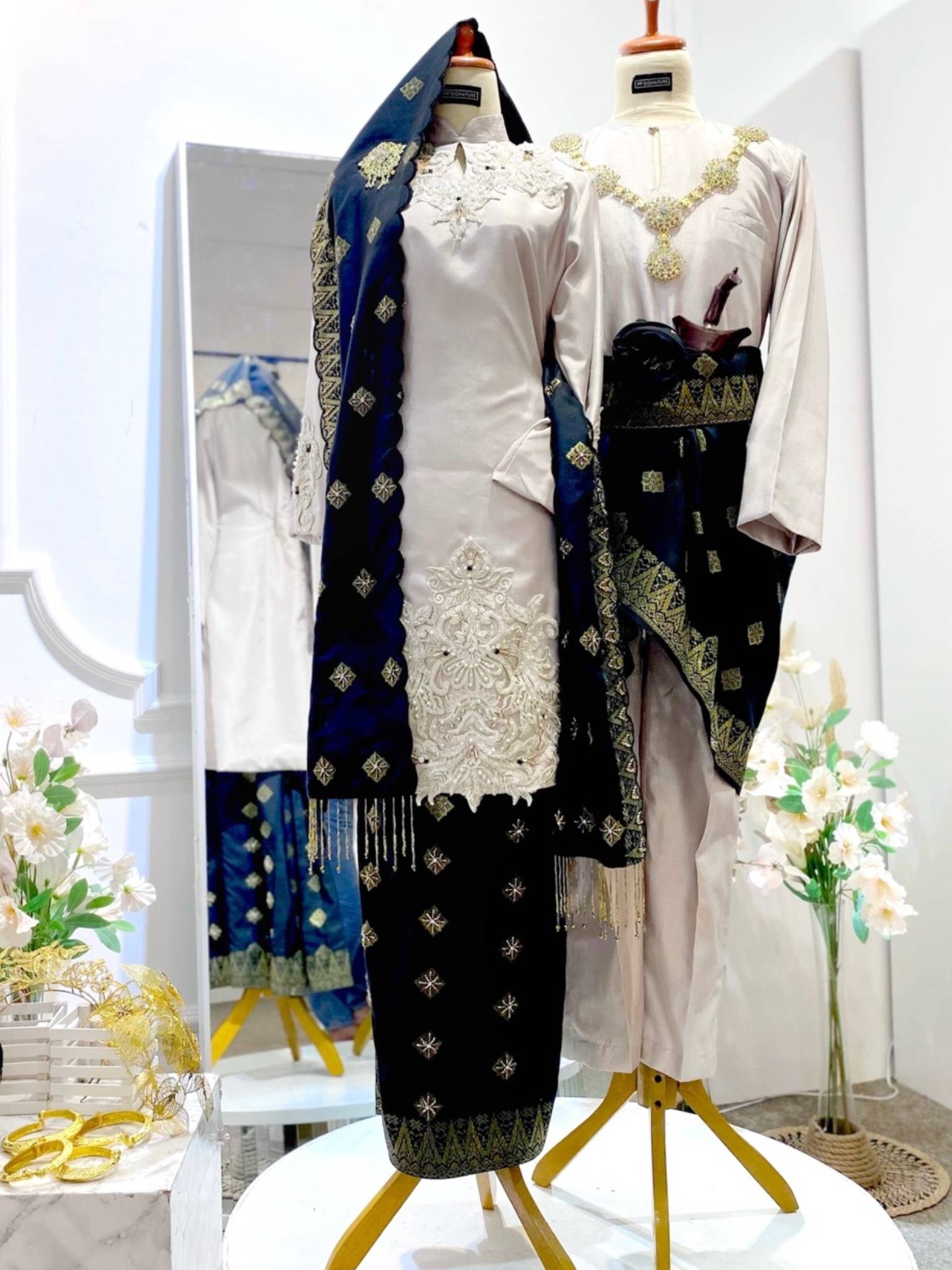 SURIRAM - Light Brown Champagne Songket Tabur &amp; Black Shantung Kurung Moden with Selempang Wedding Dress (Baju Sanding)