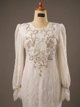 Close-up of the upper bodice lace on TASNIM preloved baju nikah, off white French lace dress