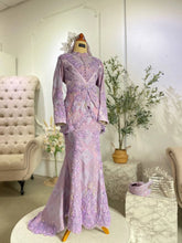 Elegant Purple Songket 3D Baju Sanding Set - Traditional Malay wedding dress with matching groom suit for rent in KL