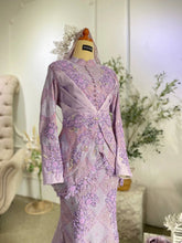 Elegant Purple Songket 3D Baju Sanding Set - Traditional Malay wedding dress with matching groom suit for rent in Kajang