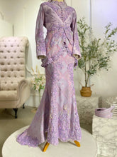 Elegant Purple Songket 3D Baju Sanding Set - Traditional Malay wedding dress with matching groom suit for rent in Selangor