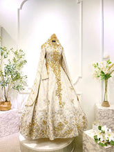 Tiara Baju Sanding Perempuan ballgown in cream and gold songket with lace bodice and petticoat-Baju Pengantin