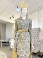 Sewa Baju Pengantin atau Custom Rental - TUN TEJA - Baju Kurung Pengantin Songket Silver Grey & Gold With Selempang. Book online or visit our boutique!