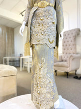 Sewa Baju Pengantin atau Custom Rental - TUN TEJA - Baju Kurung Pengantin Songket Silver Grey & Gold With Selempang. Book online or visit our boutique!