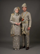 Real bride and groom wearing TUN TEJA silver grey gold songket 2D kurung set for Malay wedding-Baju Pengantin-Baju Sanding