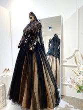 Elegant black & champagne ballgown with lace. Perfect for modern Malay weddings. Includes groom's suit. Rent now!