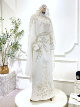 Front view of Off White Bridal Satin Dress with Detachable Cape for Akad Nikah-Clean bridal silhouette used in Sewa Baju Nikah product displays