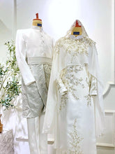 Close-up of Off White Baju Nikah couple with satin texture and cape detail-Detail shot for PP Signature Bridal Sewa Baju Nikah listings