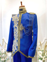 Royal Blue Prince Suit-Baju Pengantin Lelaki-Wedding Reception Suit-Prince Coat Design-Light Brown Lace Wedding Outfit-Royal Blue Suit Rental-Baju Sanding-Groom Suit Rental-Traditional Wedding Suit-Royal Blue and Brown Wedding Attire