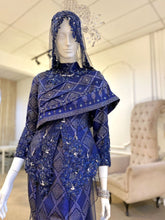 BETTY - Baju Pengantin Two-Piece Dress Navy Blue Songket with Beaded Lace Detailing. Modern and elegant baju pengantin with navy blue songket fabric, featuring delicate beaded lace detailing on the bodice. Perfect for a modern Malay wedding. Available for rent in Malaysia and Singapore.