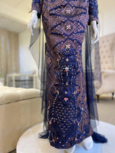 BLOSSOM EMPRESS - Baju Pengantin A-line Loose Dress Navy Blue and Dusty Pink Songket with Detachable Cape. Modern and elegant baju pengantin with navy blue songket fabric, featuring delicate beaded lace detailing on the bodice. Perfect for a modern Malay wedding. Available for rent in Malaysia and Singapore..