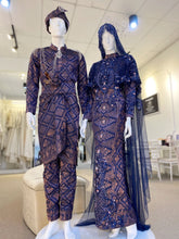 BLOSSOM EMPRESS - Baju Pengantin A-line Loose Dress Navy Blue and Dusty Pink Songket with Detachable Cape. Modern and elegant baju pengantin with navy blue songket fabric, featuring delicate beaded lace detailing on the bodice. Perfect for a modern Malay wedding. Available for rent in Malaysia and Singapore..