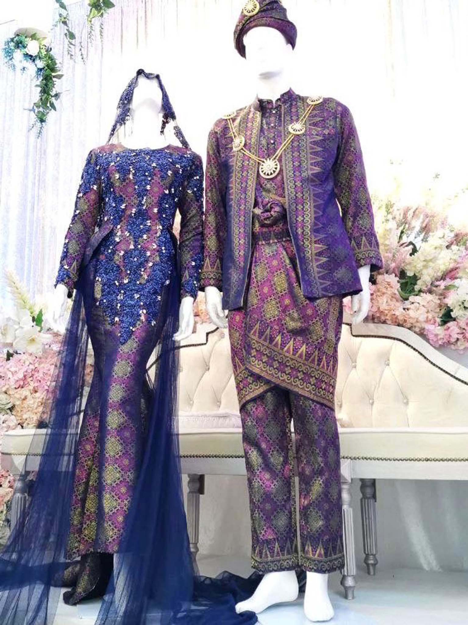 Baju Sanding Butik Pengantin PP Signature Trumpet Dress with Trail, Songket 3D Navy Blue