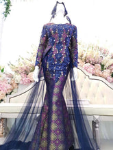 Baju Sanding Butik Pengantin PP Signature Trumpet Dress with Trail, Songket 3D Navy Blue