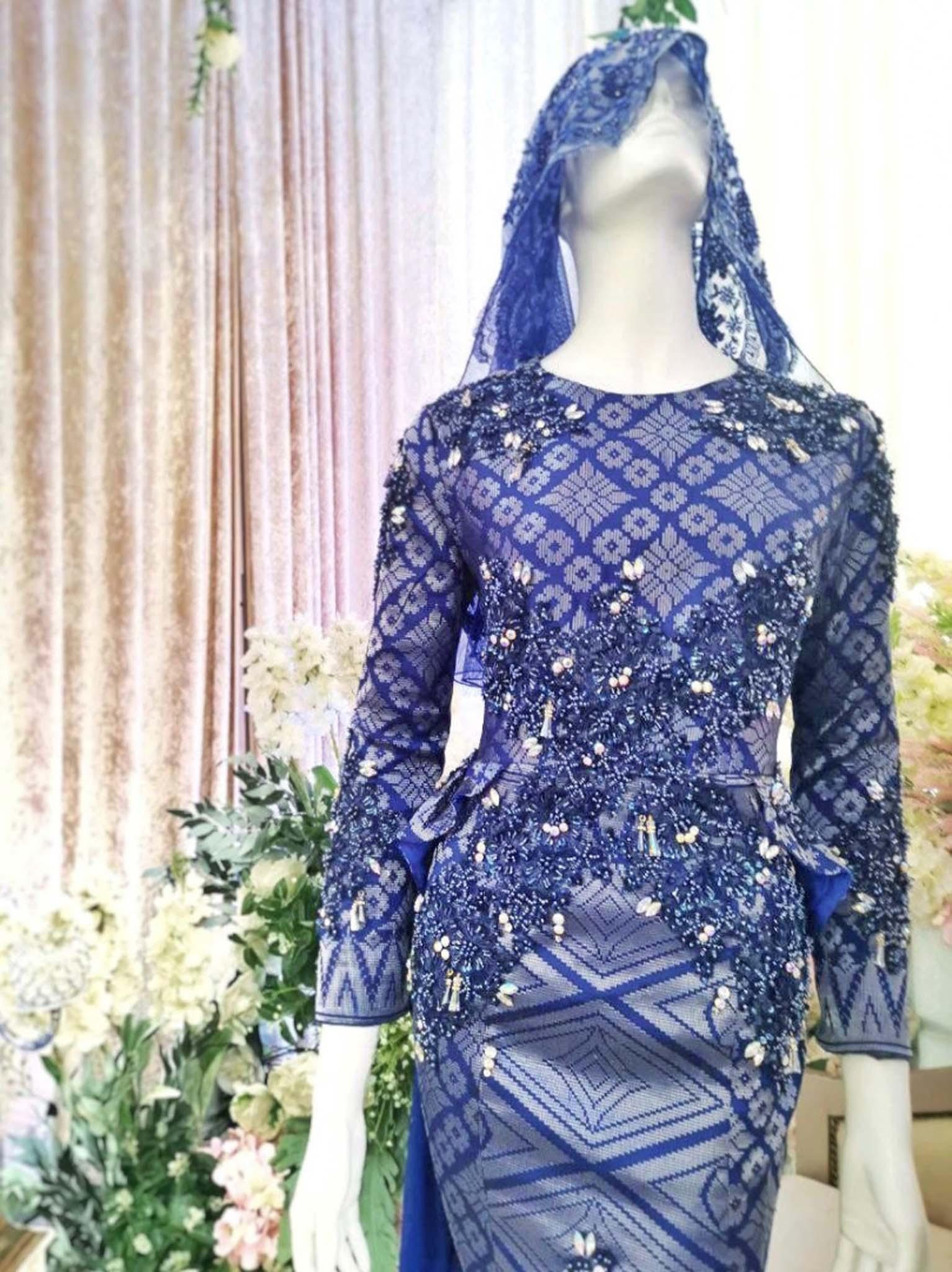 Baju Sanding-Dress with Trail Songket Royal Blue-BELINDA-Butik Pengantin PP Signature