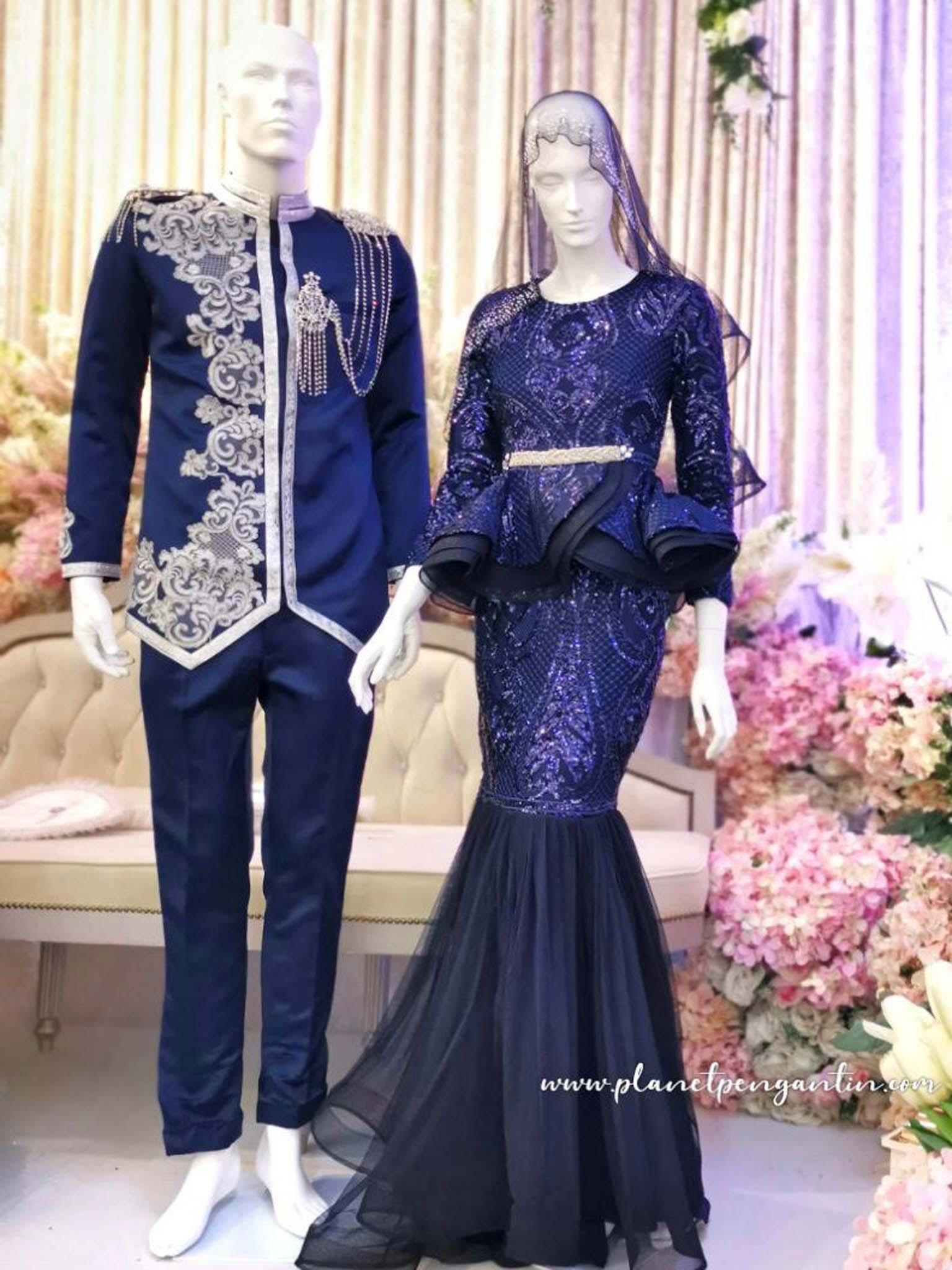 Baju Pengantin Butik Pengantin PP Signature Two Piece Peplum Dress with Sequin lace Navy Blue and partner with Prince Coat Army