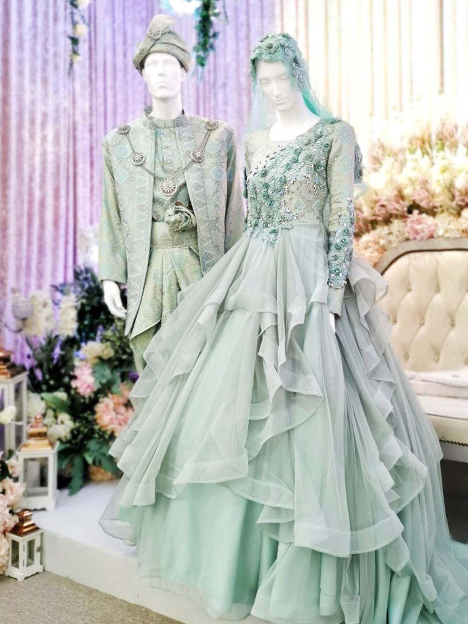 MARCELLA - Ballgown Songket Wedding Dress, Mint Green and Light Gold from PP Signature Bridal Boutique-Tempah Baju Pengantin Online